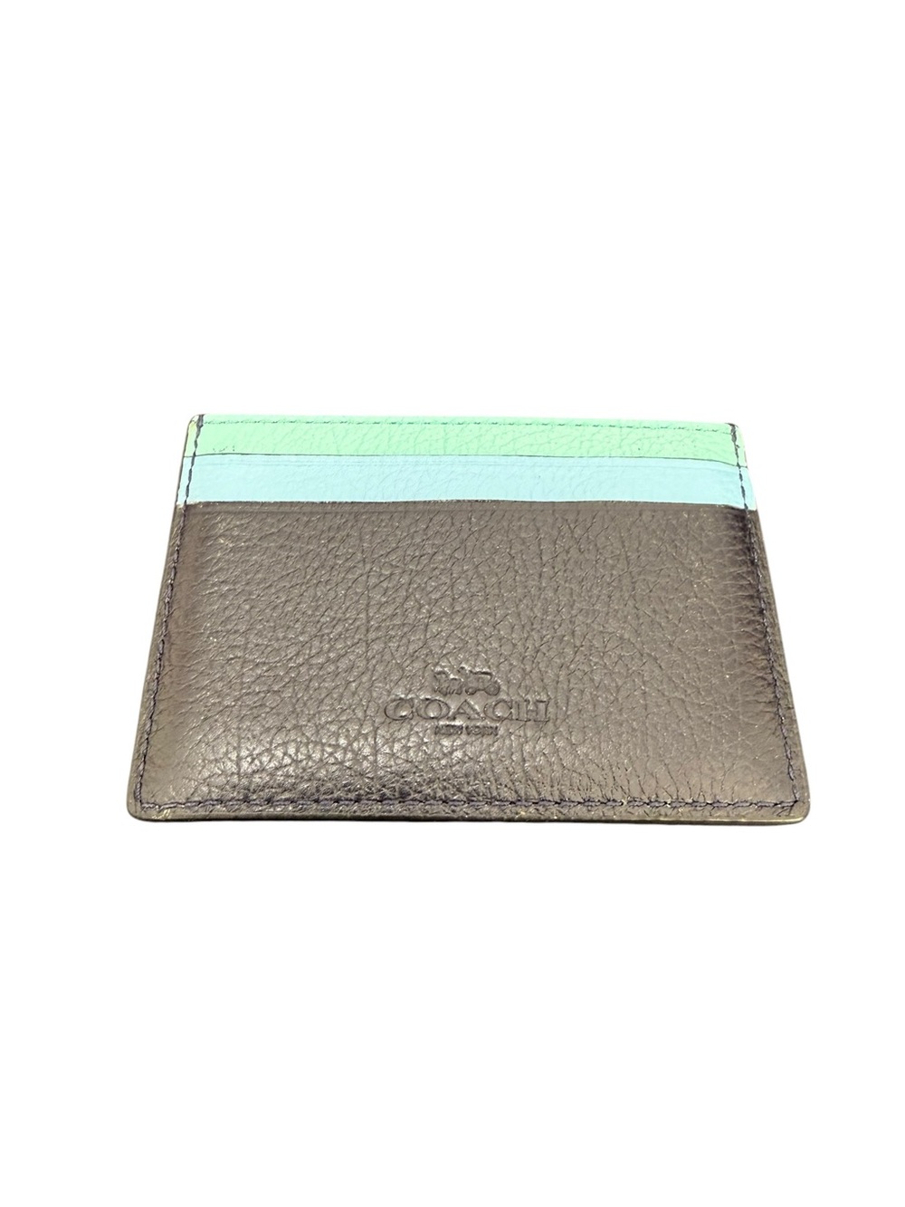 Coach Brown Leather Card Case with Mint Stripe